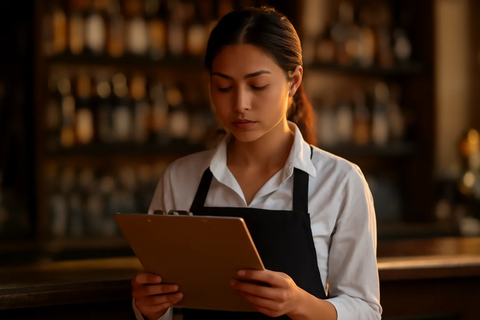 Server reviewing paperwork at a bar counter before an Indiana restaurant opening