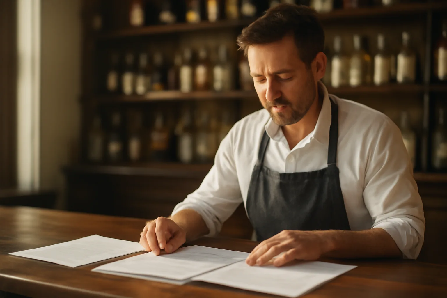 Restaurant owner reviewing paperwork at a bar counter while planning a Florida liquor license application