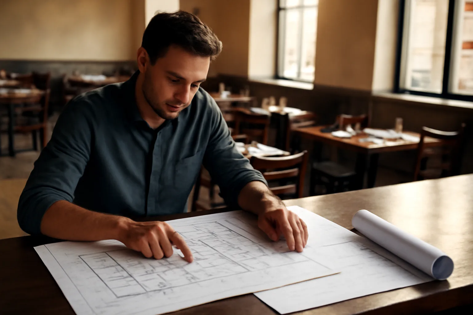 Restaurant owner reviewing floor plans and lease paperwork at a bar counter while planning a liquor license application