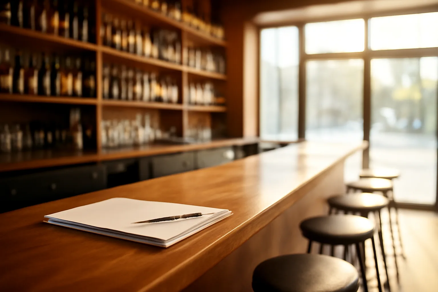 Empty restaurant bar with liquor shelves and paperwork on the counter in morning light