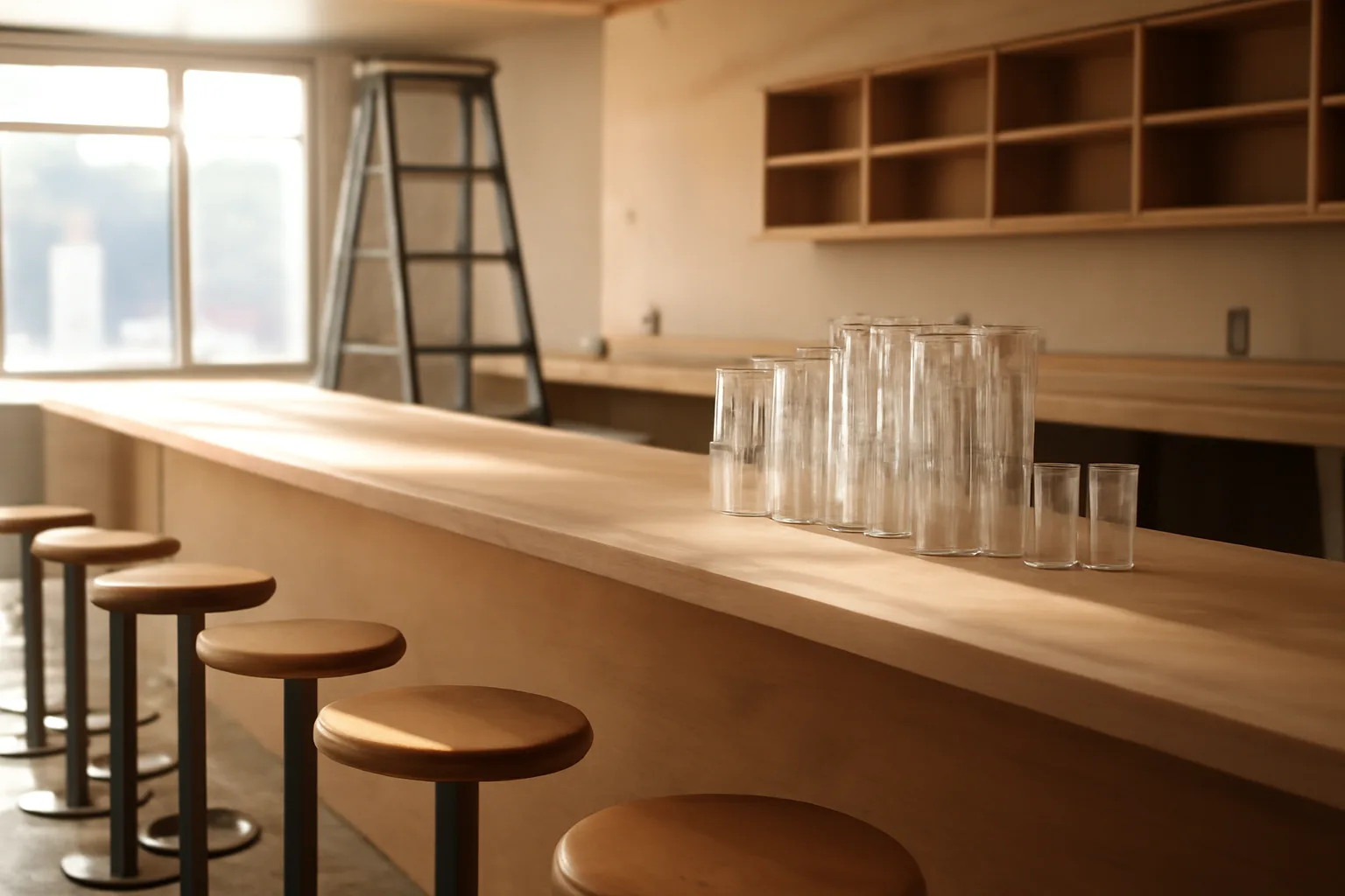 Empty restaurant bar under construction during Tennessee liquor license application process