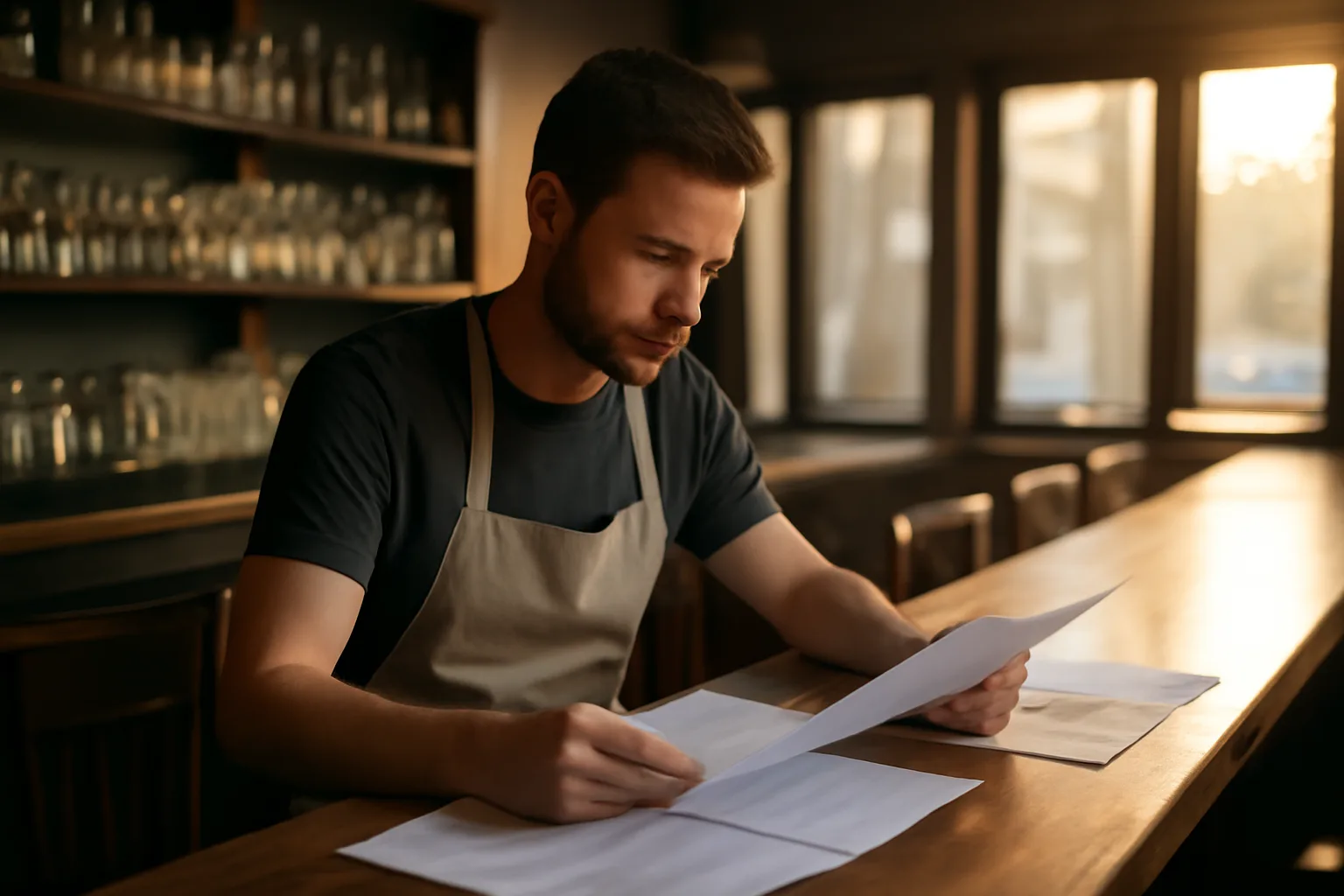 Restaurant owner reviewing liquor license paperwork at an empty bar counter