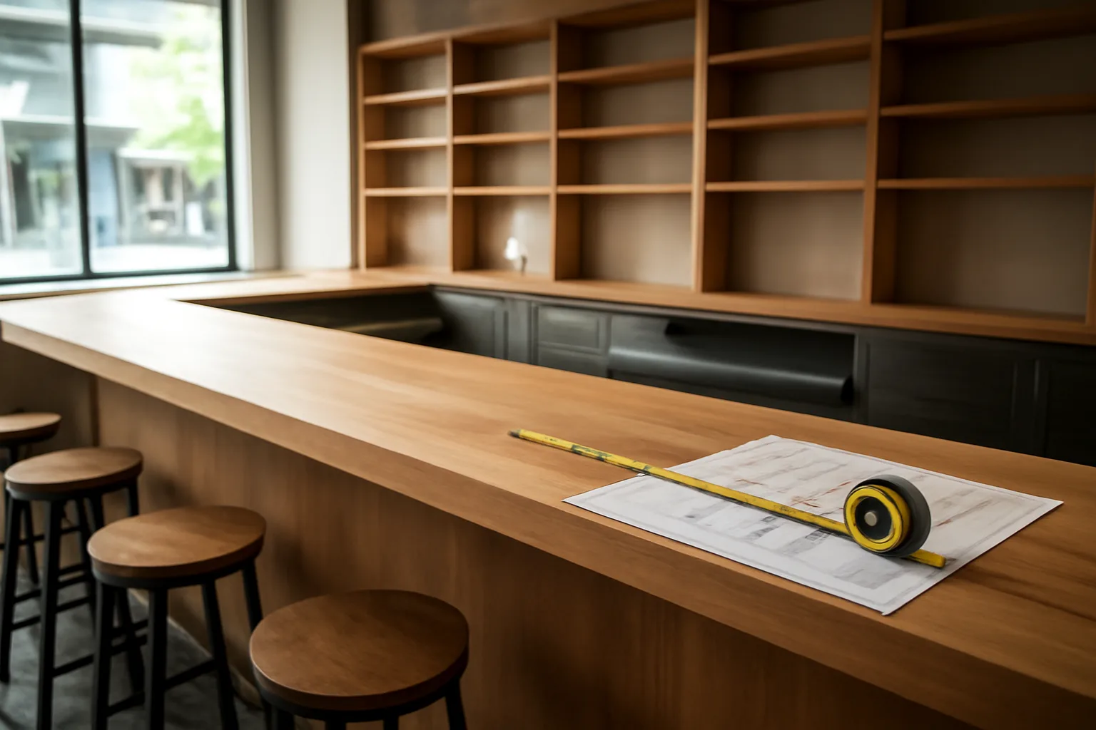 empty restaurant bar counter with floor plan sketch during liquor license application setup
