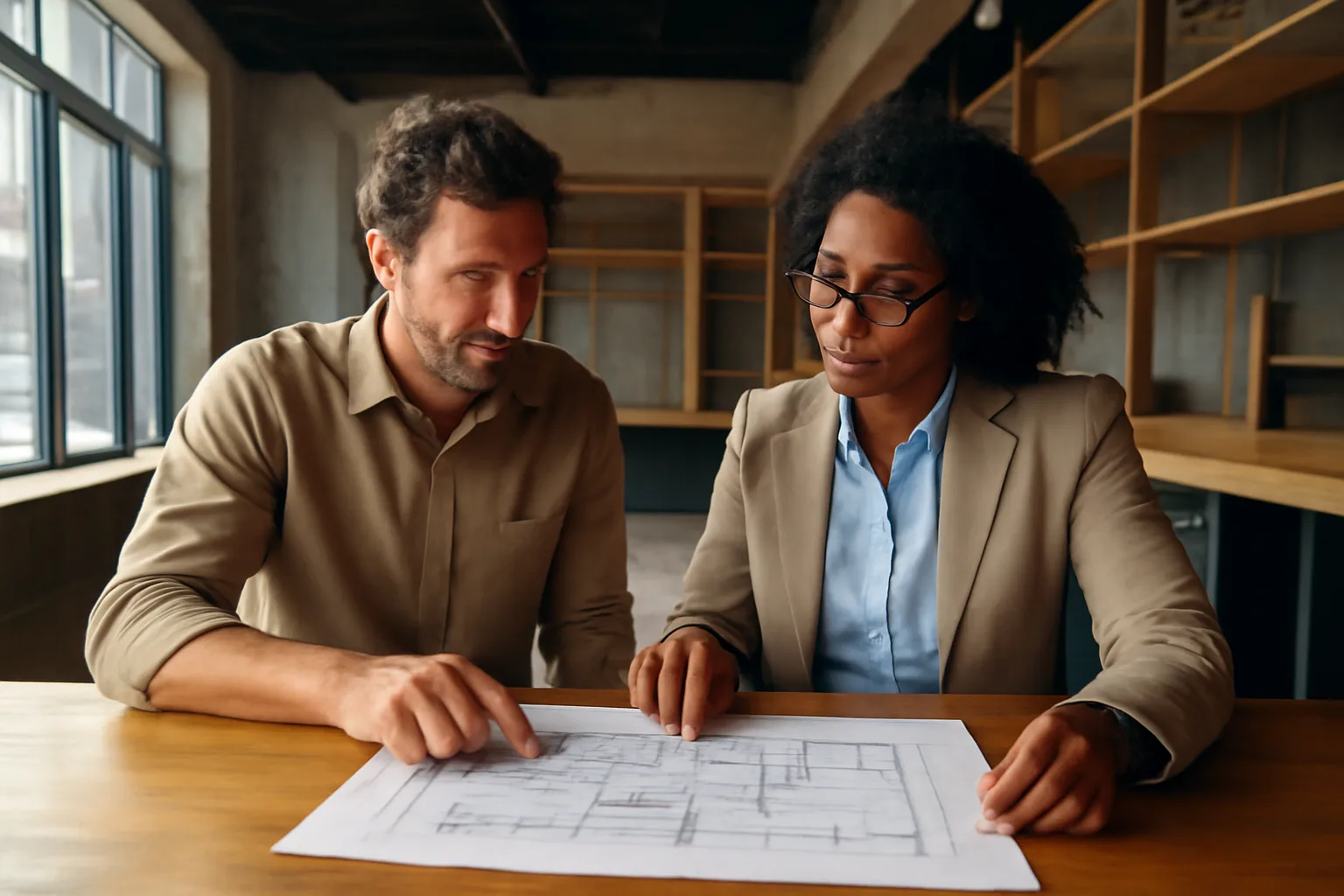 Restaurant owner and clerk reviewing floor plan during Illinois liquor license application process