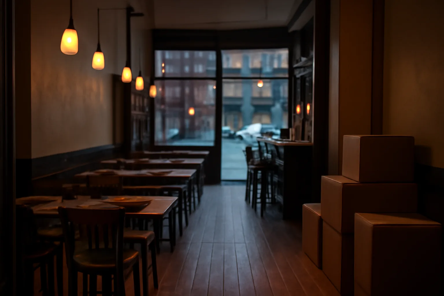 Empty NYC restaurant interior with bar area during liquor license application wait