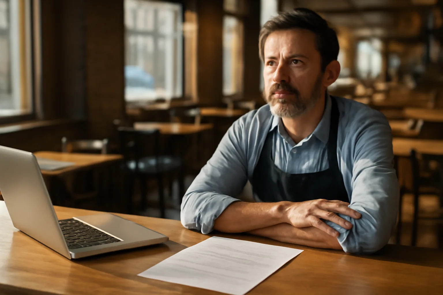 Restaurant owner reviewing paperwork at a bar counter while planning a liquor license application