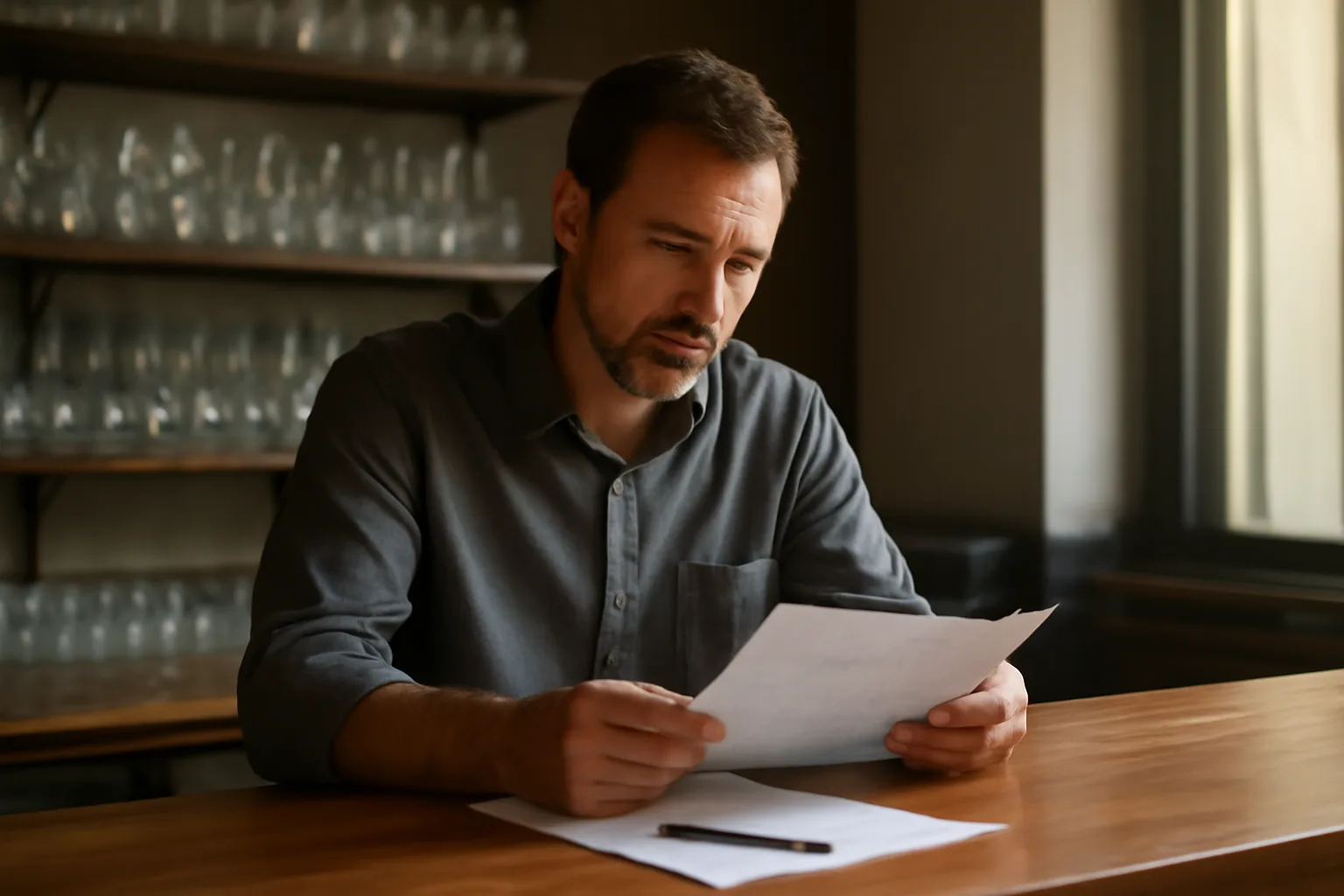 Restaurant owner reviewing documents at a bar while working through liquor license steps