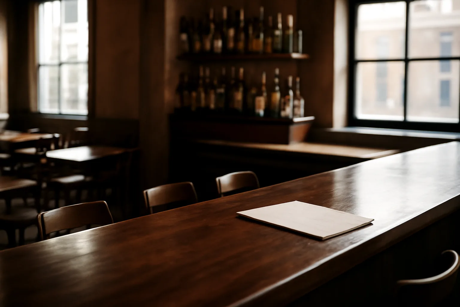 Empty restaurant bar counter with morning light, representing the Texas liquor license process
