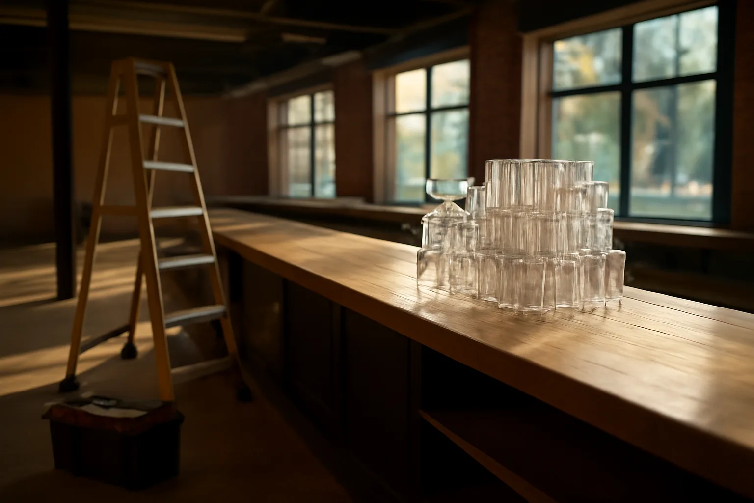 Empty restaurant bar under construction before opening, representing liquor license application process
