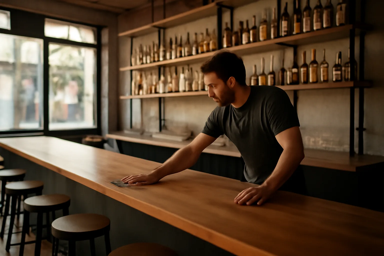 Bartender wiping down counter in a restaurant bar preparing for its liquor license opening