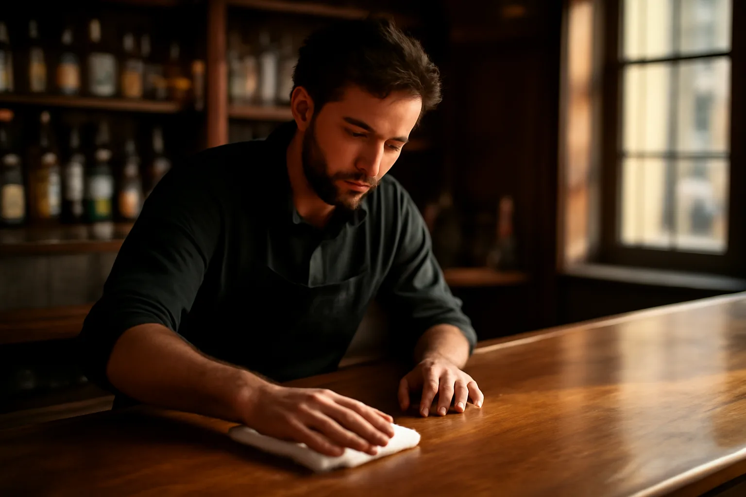 Bartender preparing an empty bar before opening, relevant to TABC certification requirements