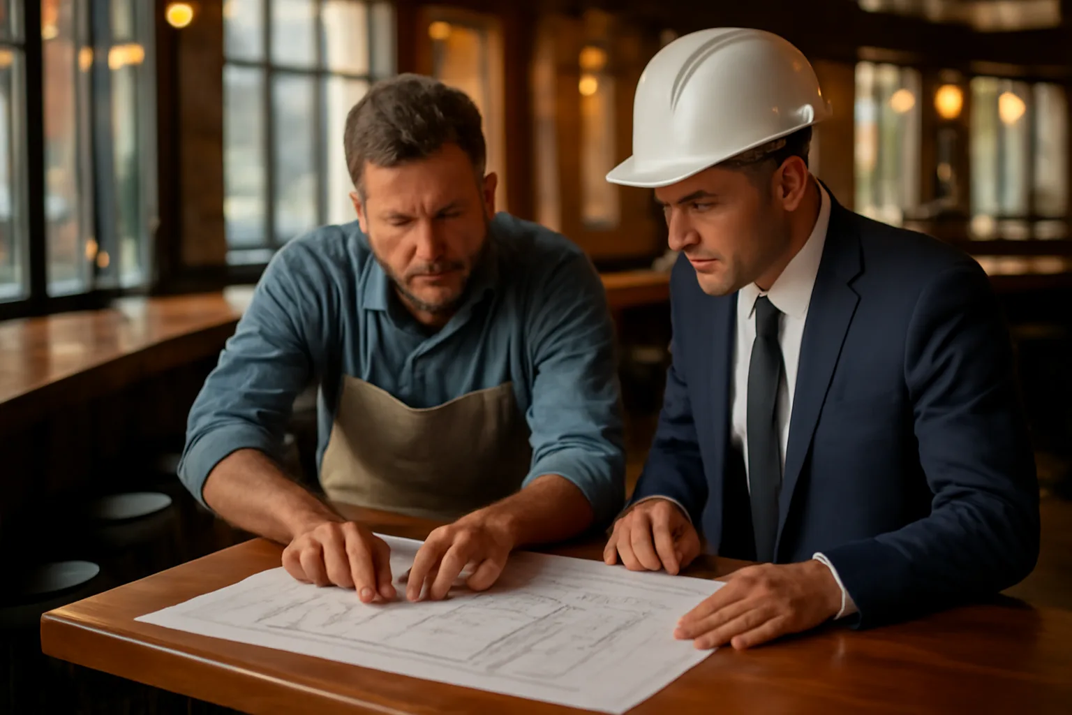 restaurant owner and inspector reviewing a premises diagram at an empty bar counter