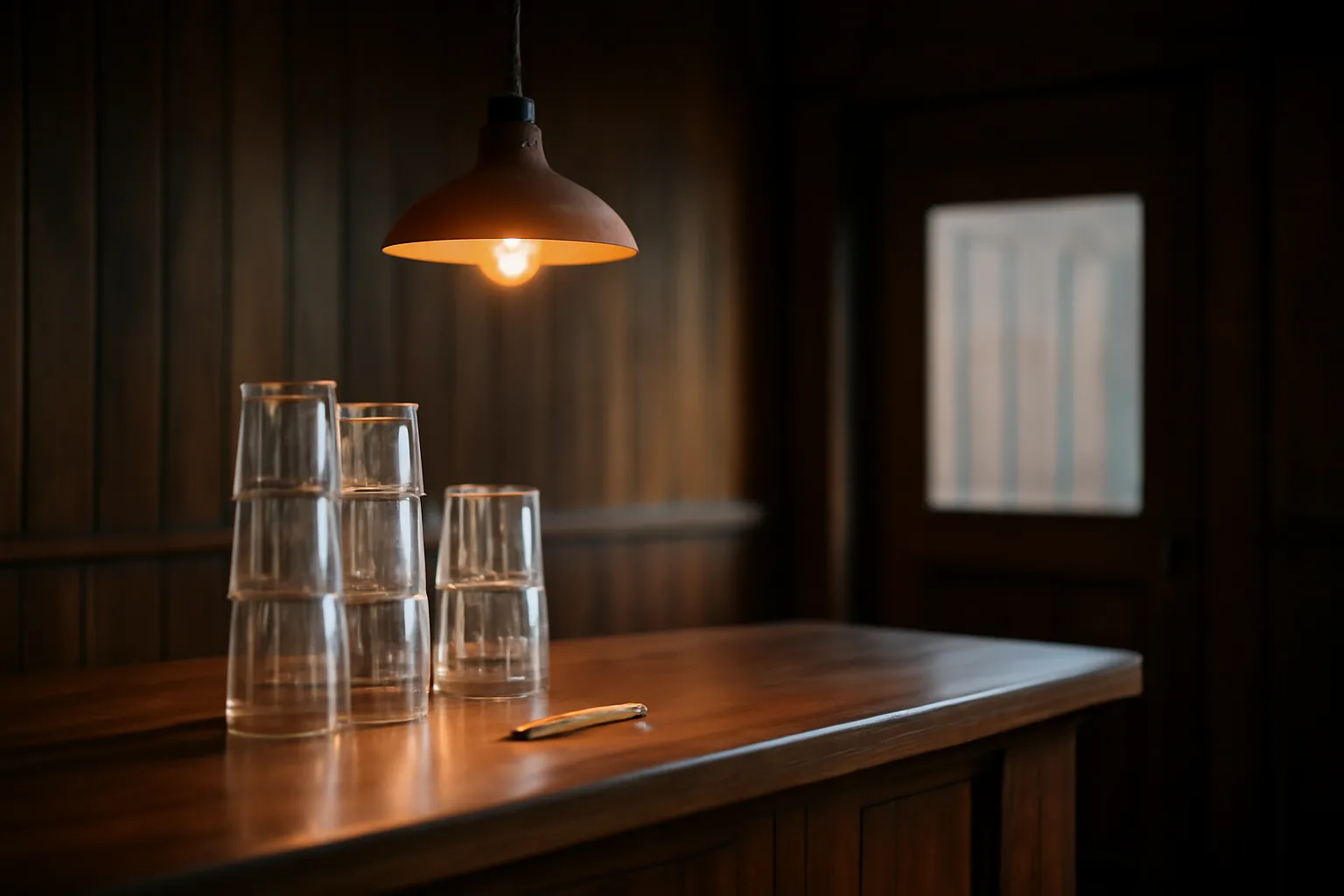 Empty bar counter with glassware, representing the cost of an Illinois liquor license
