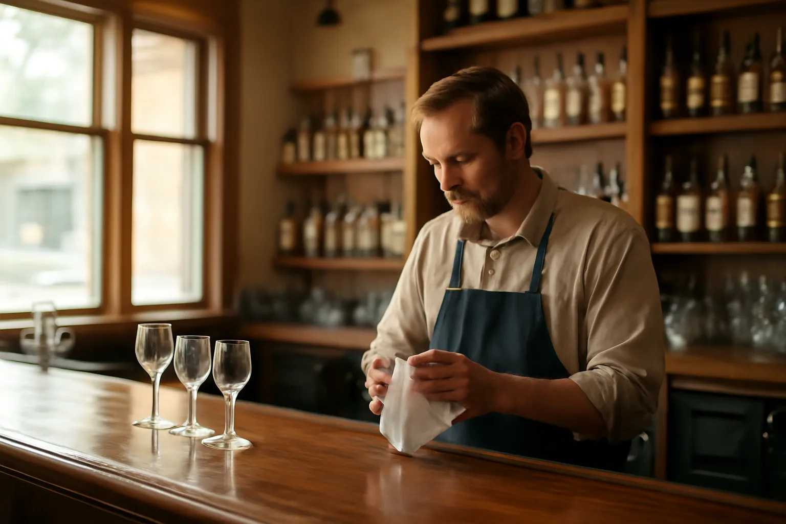 Bartender at an Indiana restaurant bar preparing for service during liquor license renewal season