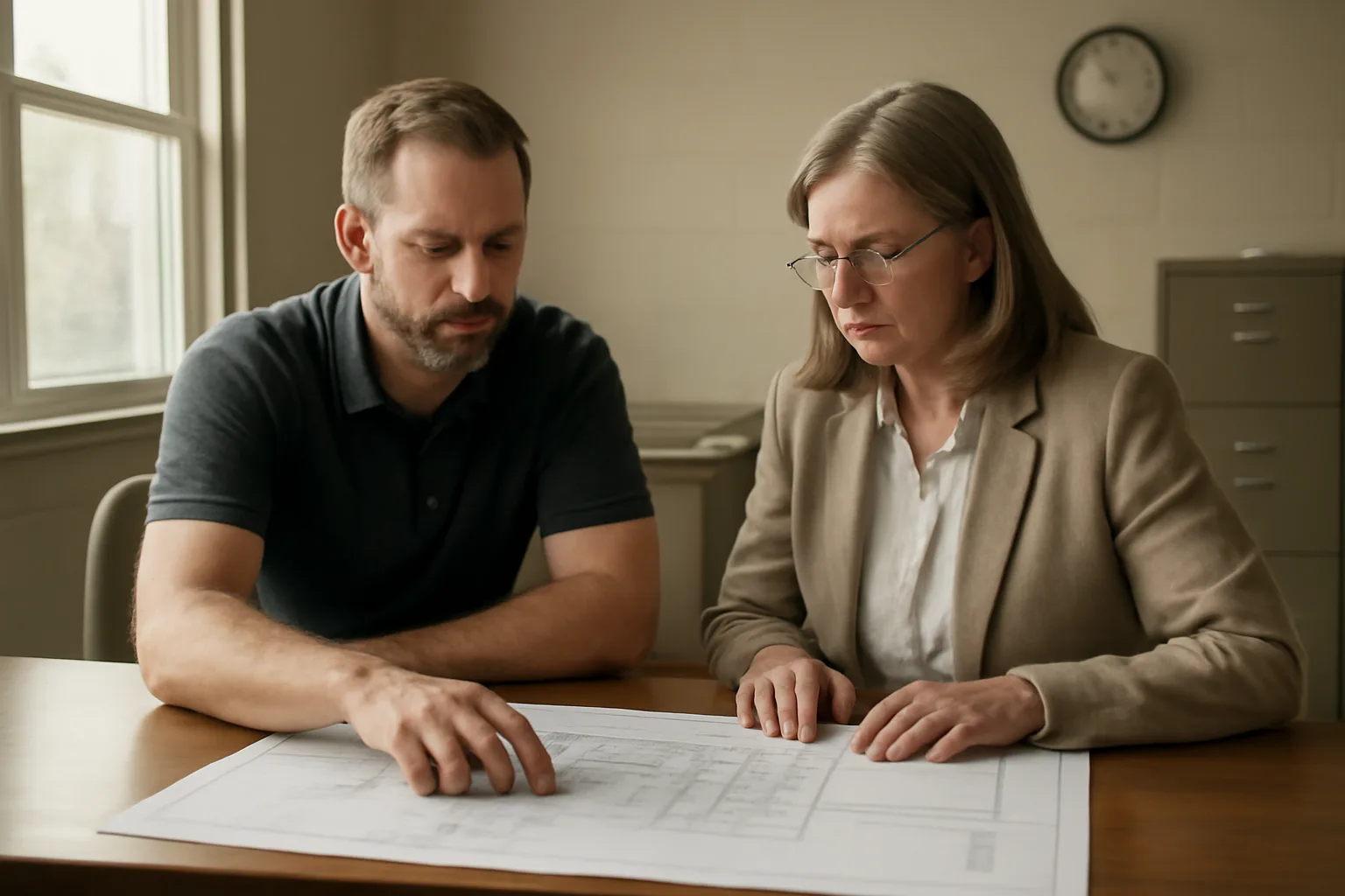 Restaurant owner discussing an Indiana liquor license application with a county official