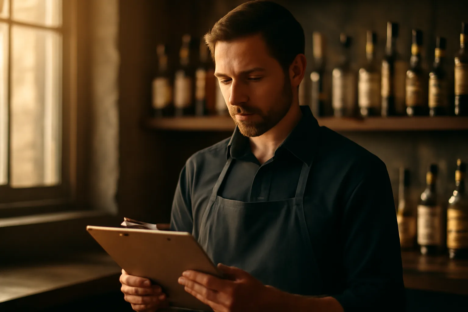 Bartender reviewing paperwork near liquor bottles while considering Indiana server liquor license requirements
