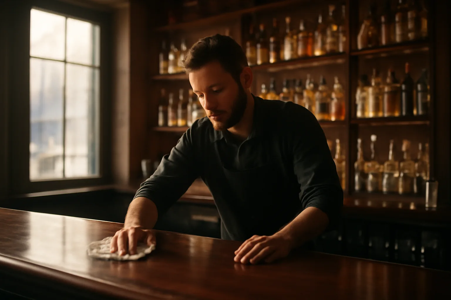 Bartender preparing an Indiana bar before opening under warm morning light