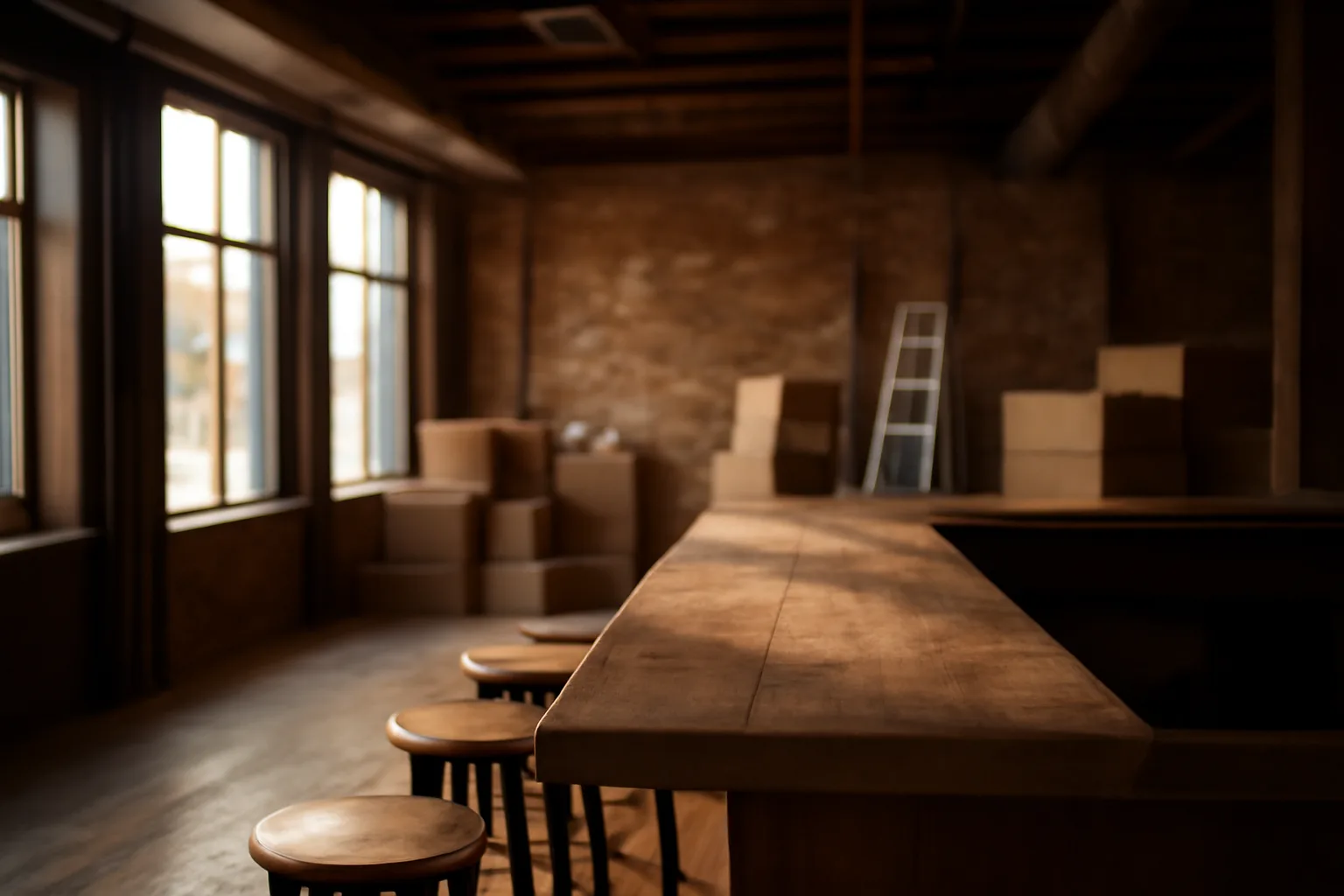 Empty bar interior during renovation, illustrating Kansas liquor license planning before opening