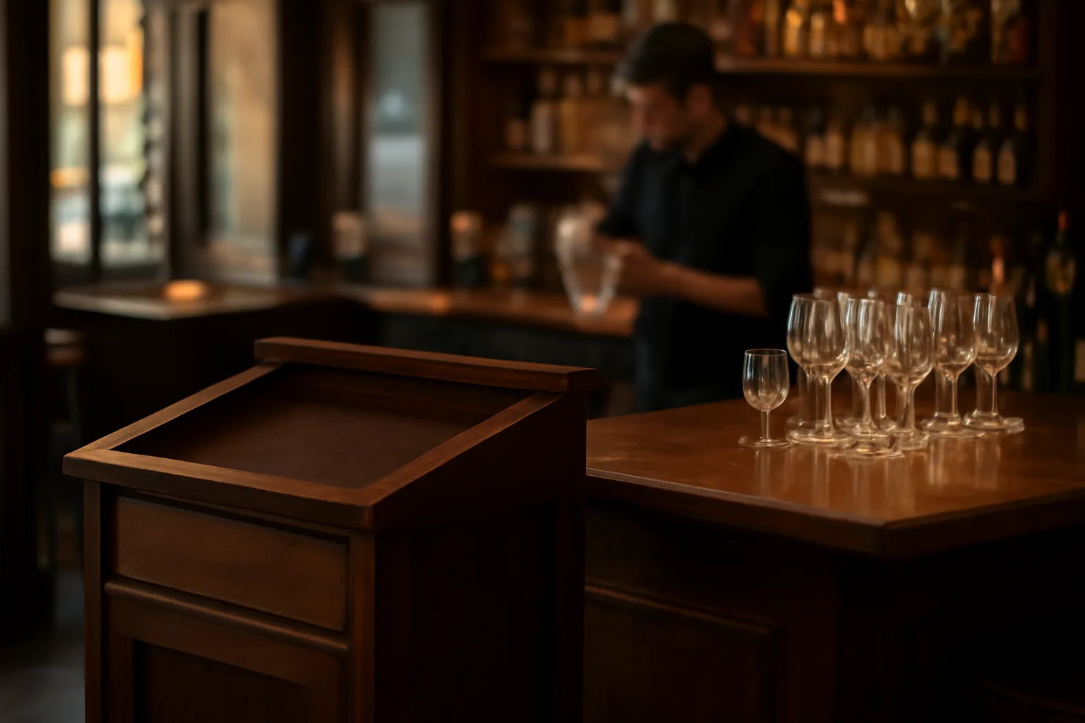 Bartender working behind a dimly lit restaurant bar in Kentucky