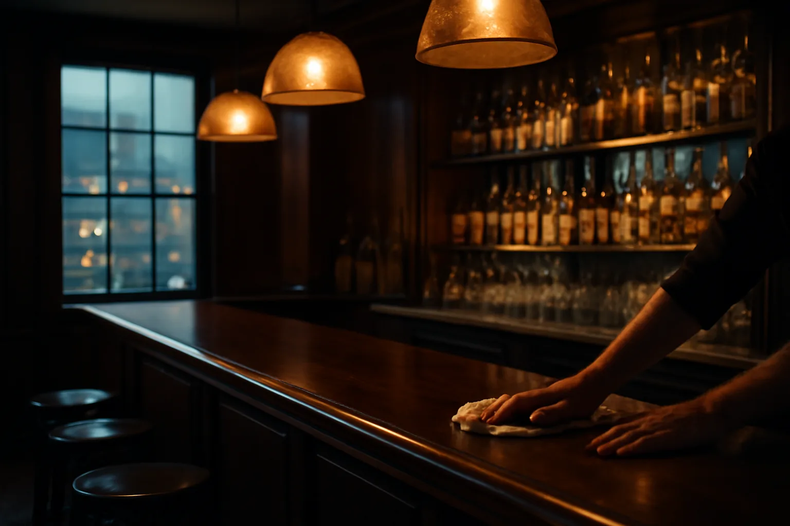 Bartender wiping a polished bar counter under warm pendant lights at dusk