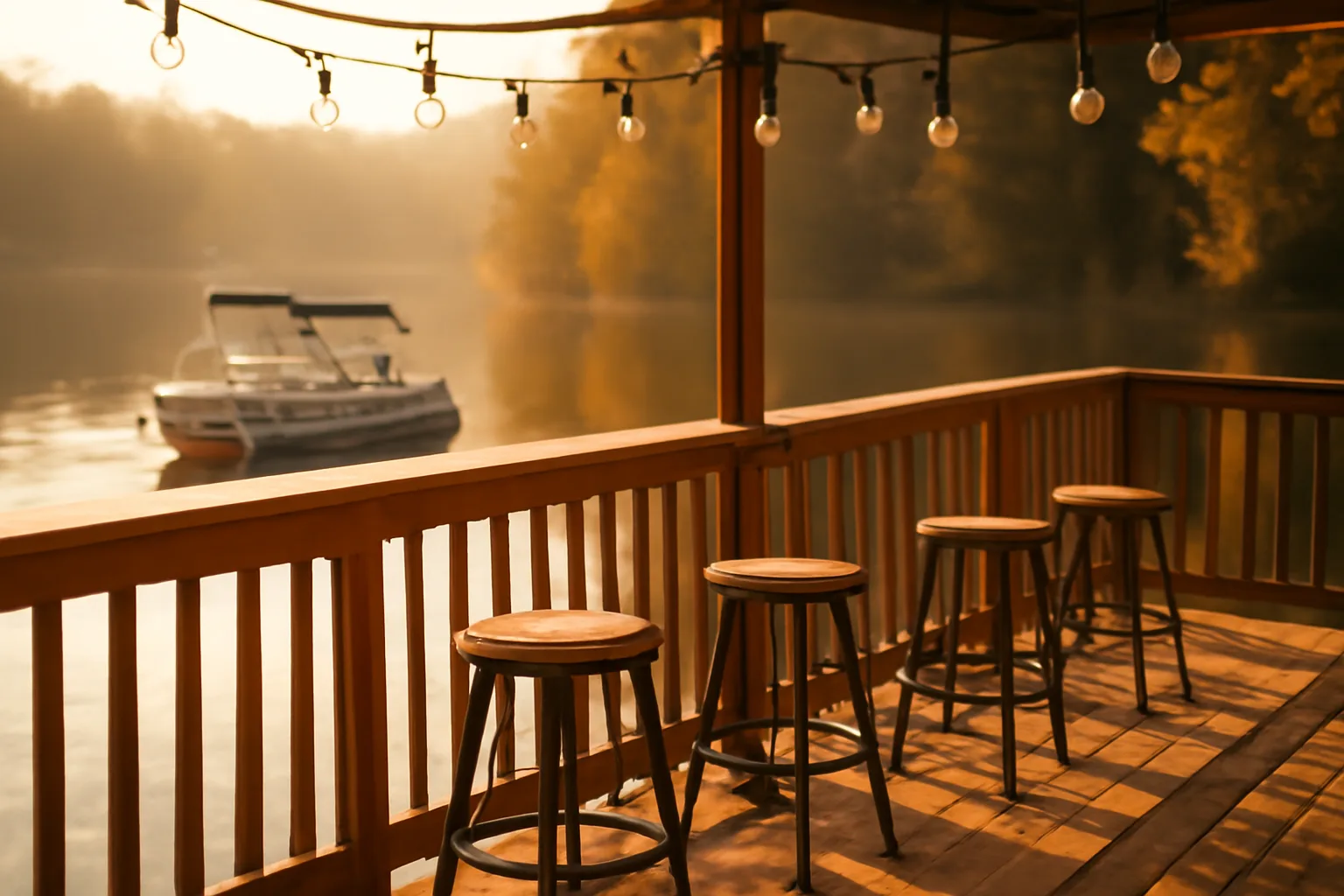 Lakeside bar and grill deck at Lake of the Ozarks in late afternoon light