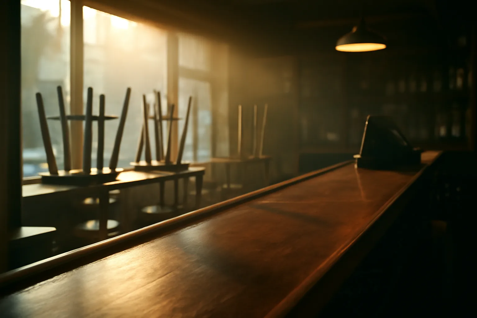 Empty bar interior lit by morning light before opening hours
