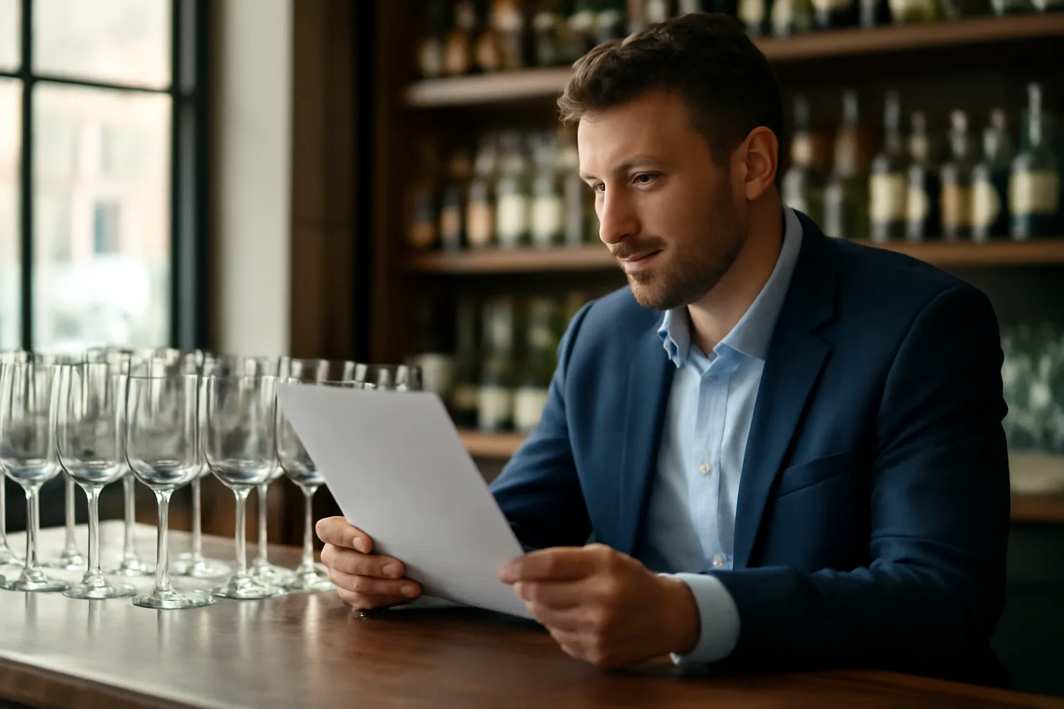 Restaurant manager at bar counter preparing to apply for a license to serve alcohol