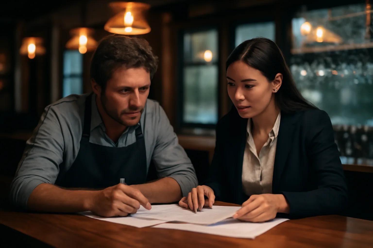 Restaurant owner reviewing liquor license paperwork at a bar counter