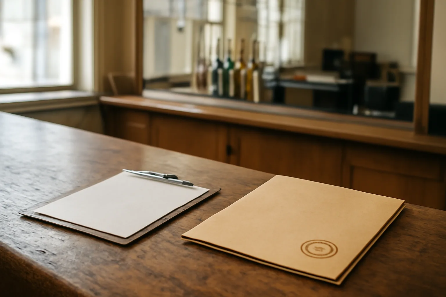 Liquor control office counter with clipboard and folder under natural window light