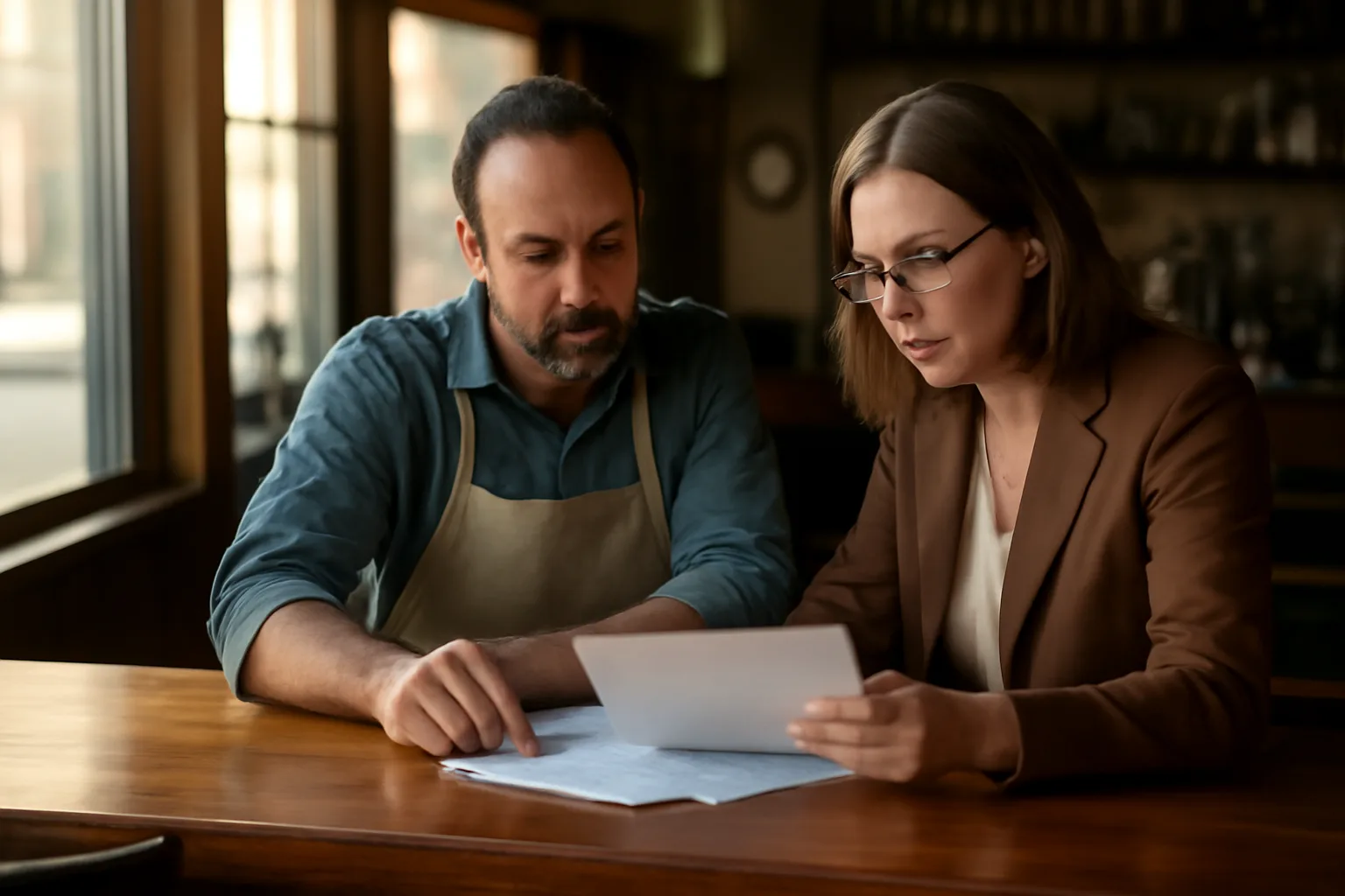 Restaurant owner reviewing liquor license paperwork with a local clerk at a bar counter