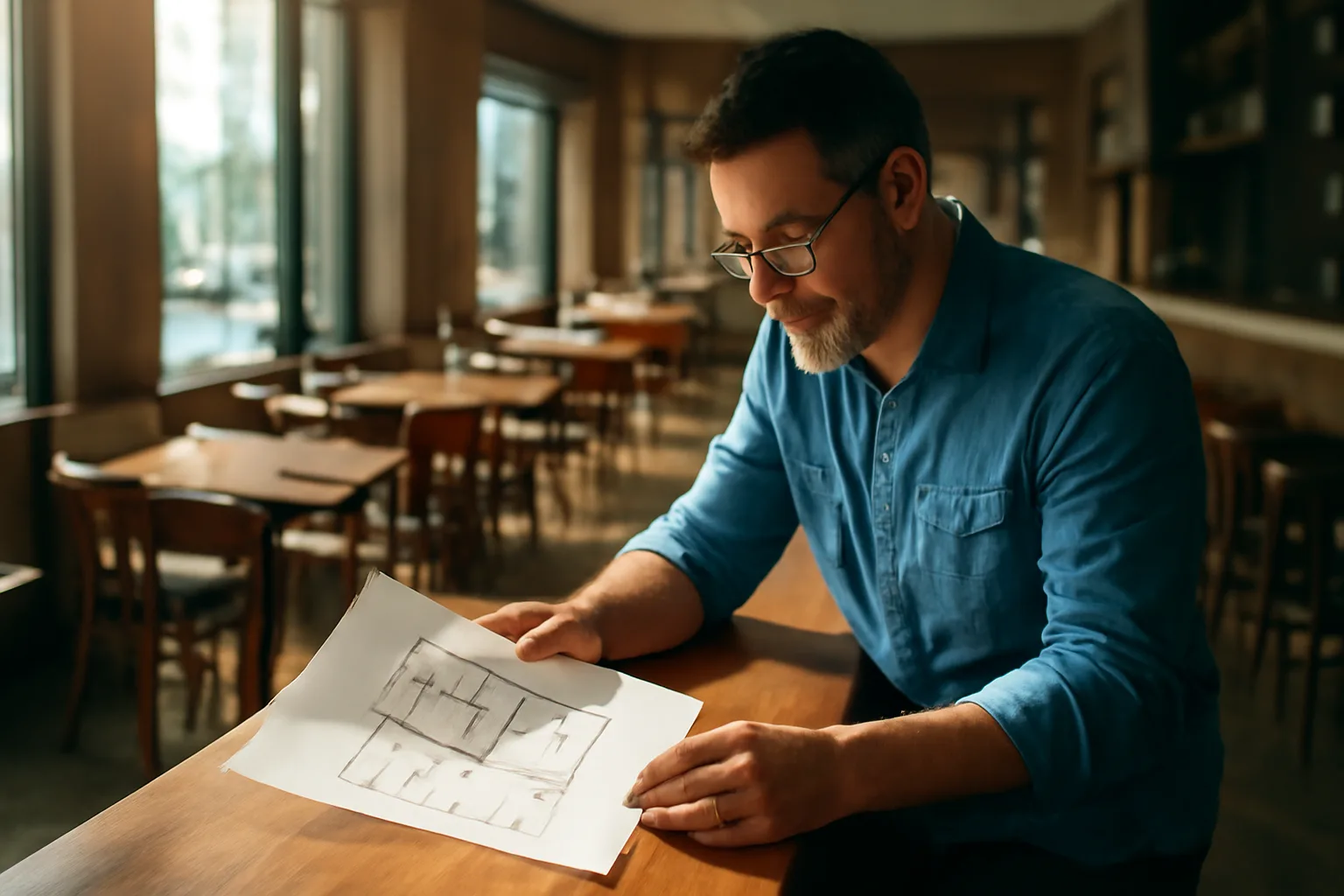 Restaurant owner reviewing floor plan documents at bar during liquor licence application planning