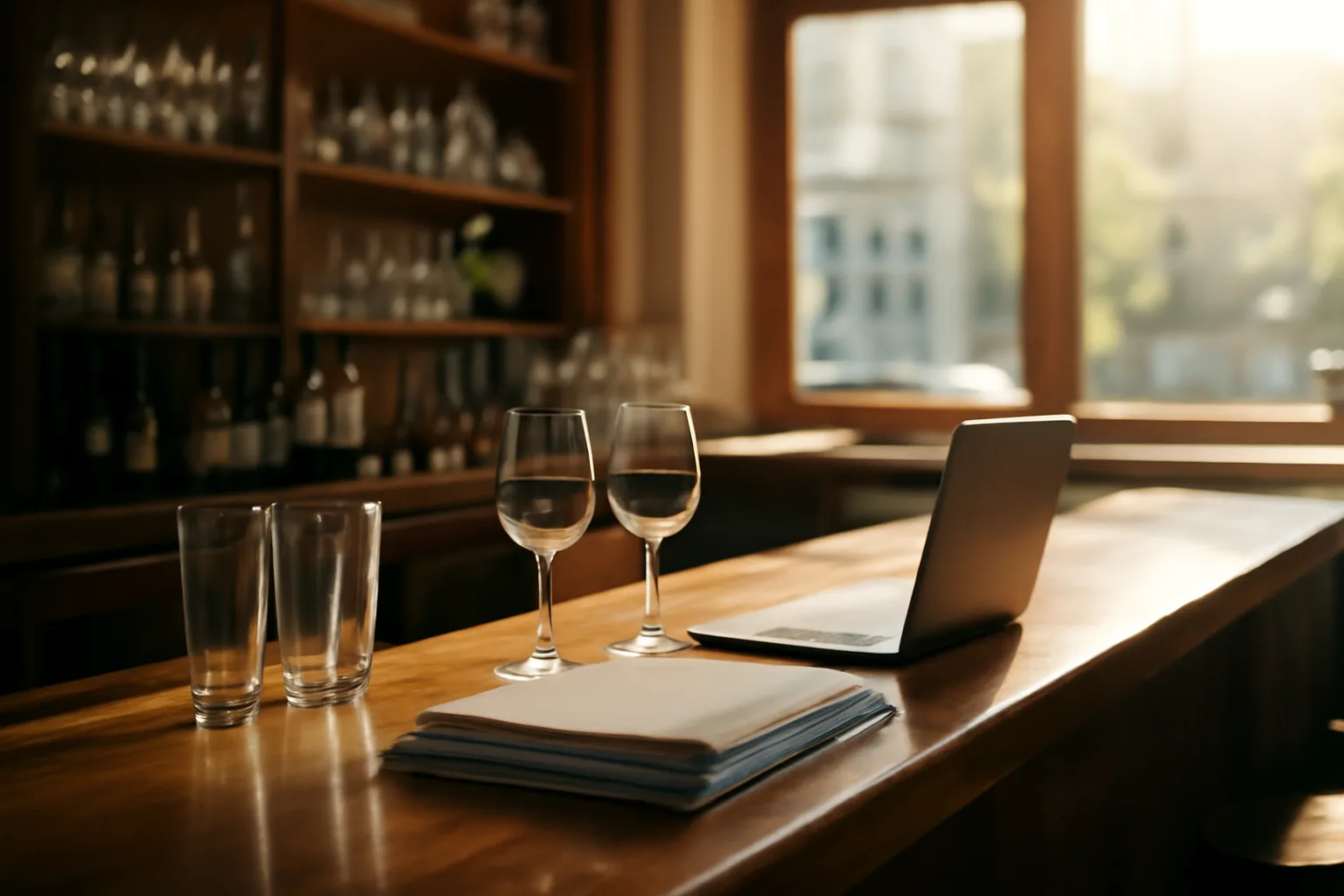 Restaurant bar counter with paperwork and laptop, representing Florida liquor license application process