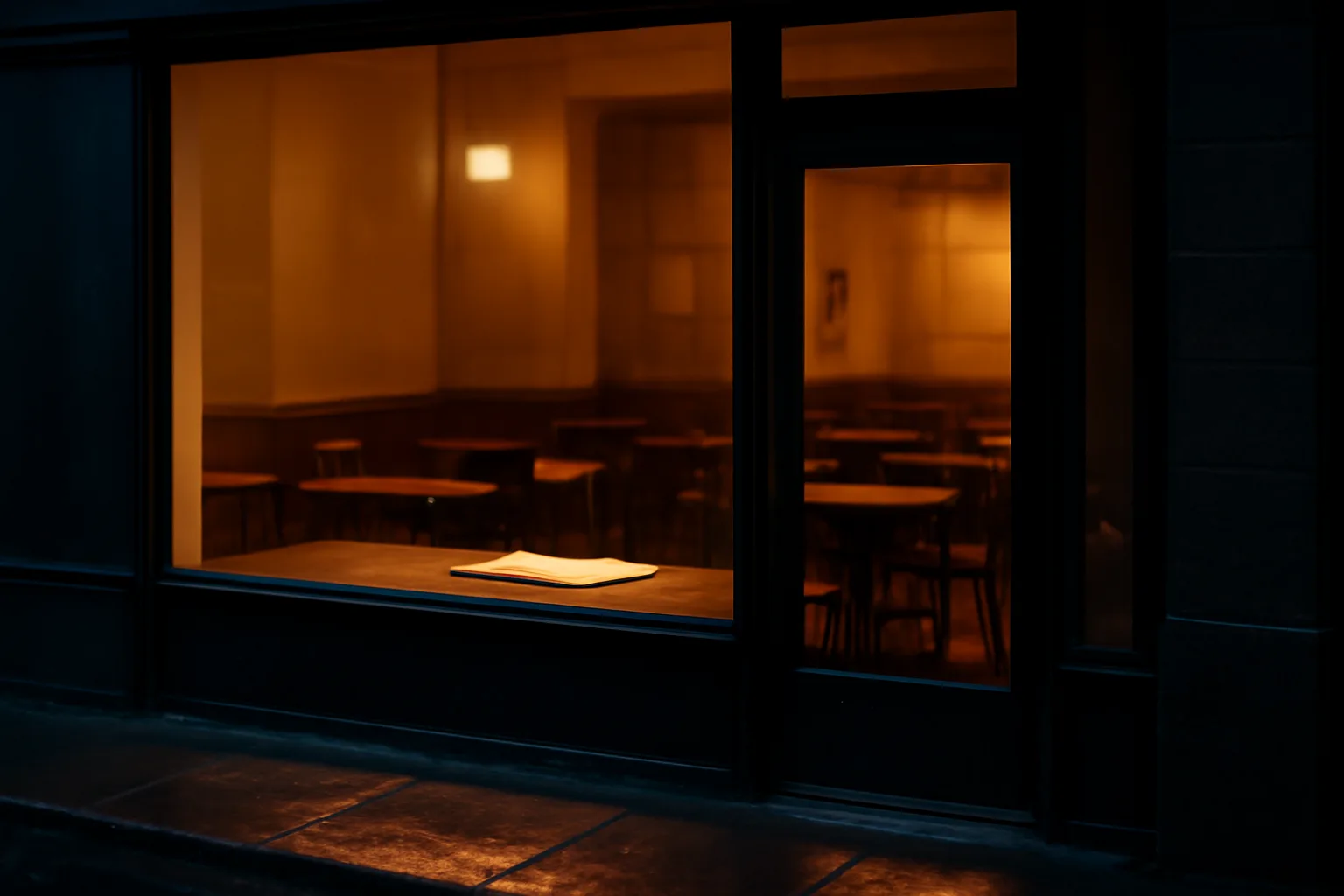 Empty restaurant interior at dusk during liquor license application waiting period