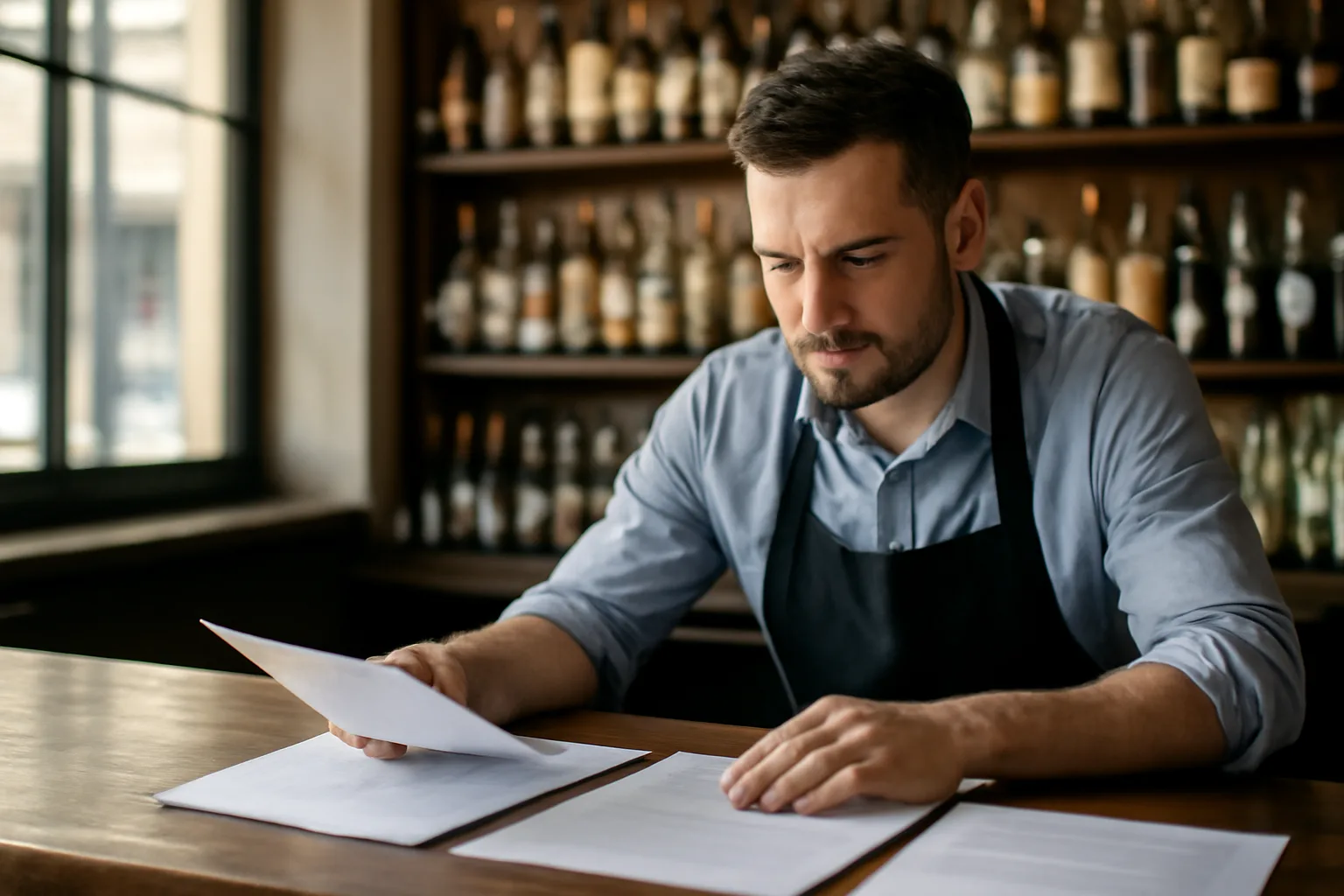 Restaurant owner reviewing documents at a bar counter with shelved bottles behind