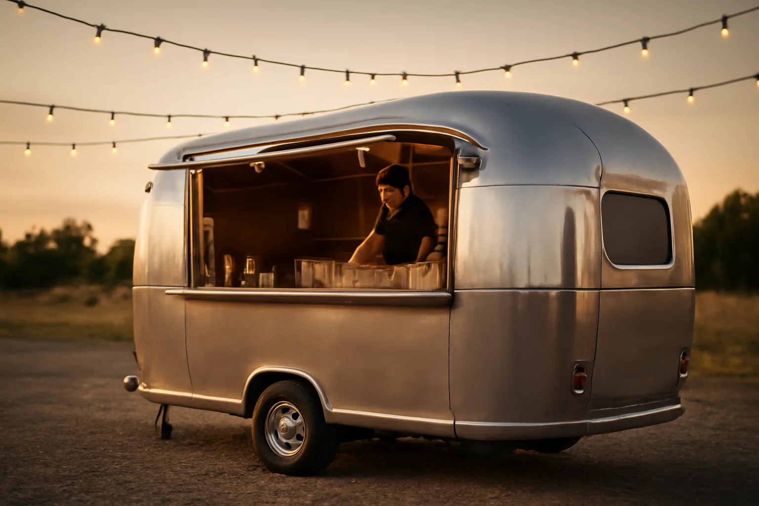 Mobile bar trailer set up outdoors at golden hour with a bartender arranging glassware
