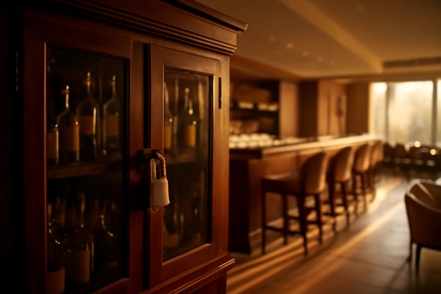 Locked glass liquor cabinet in an empty hotel bar illustrating restricted alcohol access in Gujarat