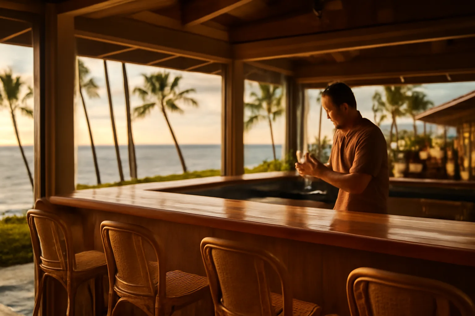 Open-air Hawaii restaurant bar at sunset before opening for service