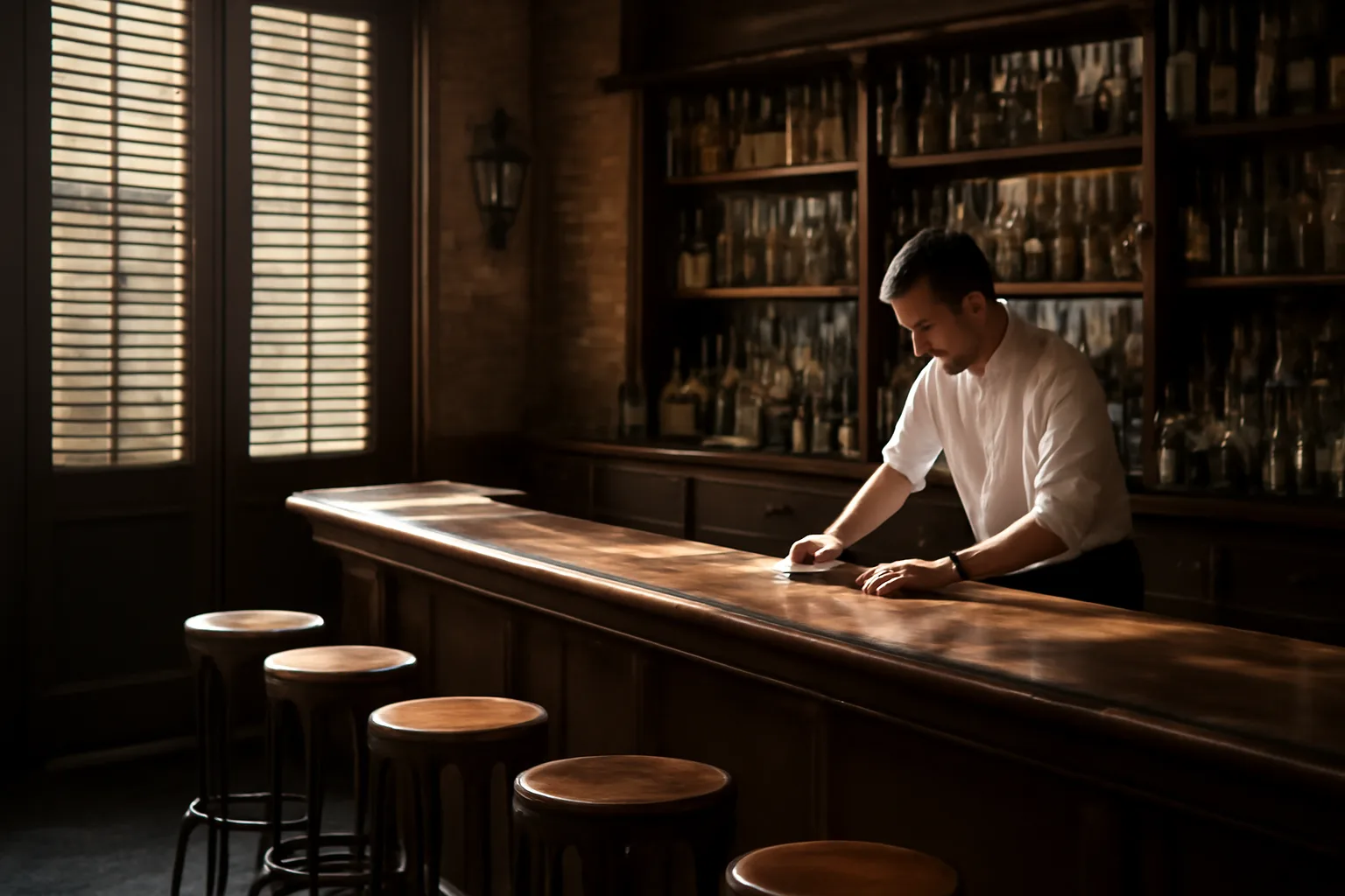 Bartender preparing a New Orleans style bar before opening under Louisiana liquor license rules
