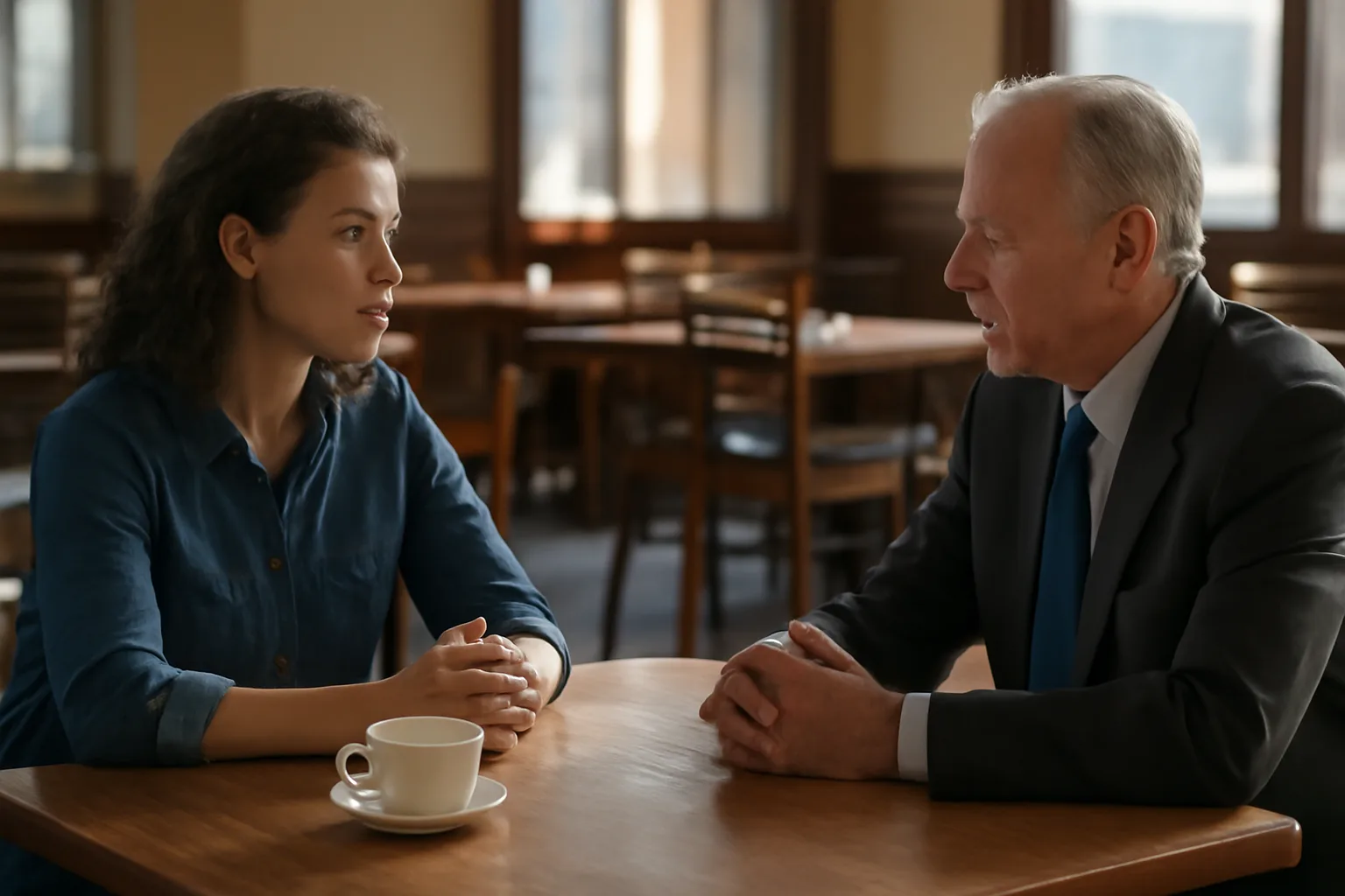 Two people discussing business across a table in an unopened restaurant dining room