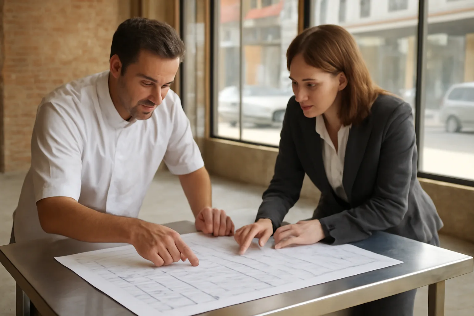 Restaurant owner and attorney reviewing floor plans in an empty NYC storefront before opening