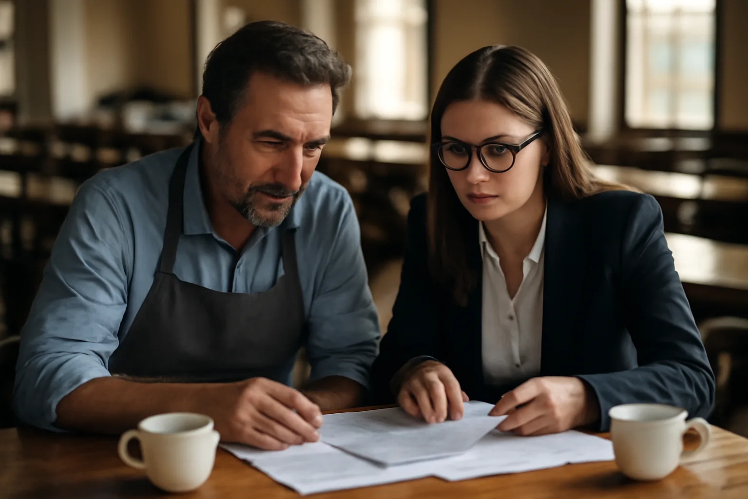 Restaurant owner reviewing liquor license permit paperwork at a bar counter