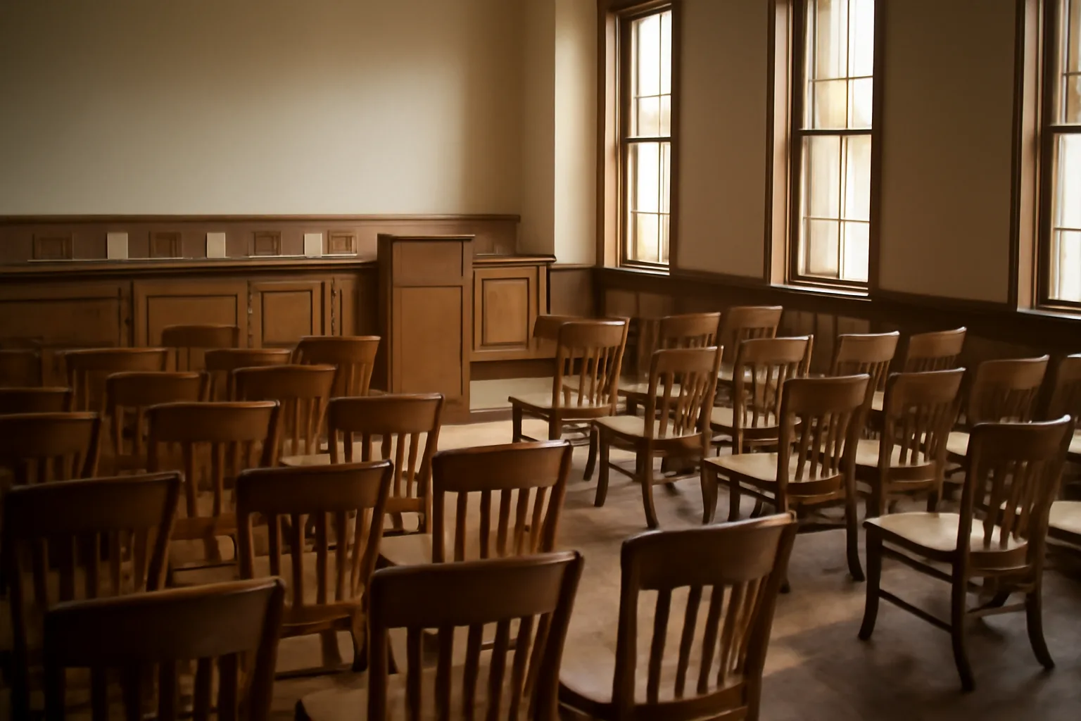 Empty county board hearing room where Indiana liquor license renewals are reviewed