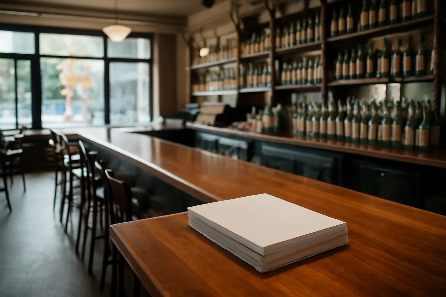 Empty restaurant bar with paperwork on the counter representing liquor license requirements