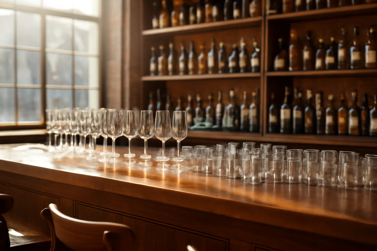 Restaurant bar with liquor bottles and glassware, illustrating Texas liquor license cost planning