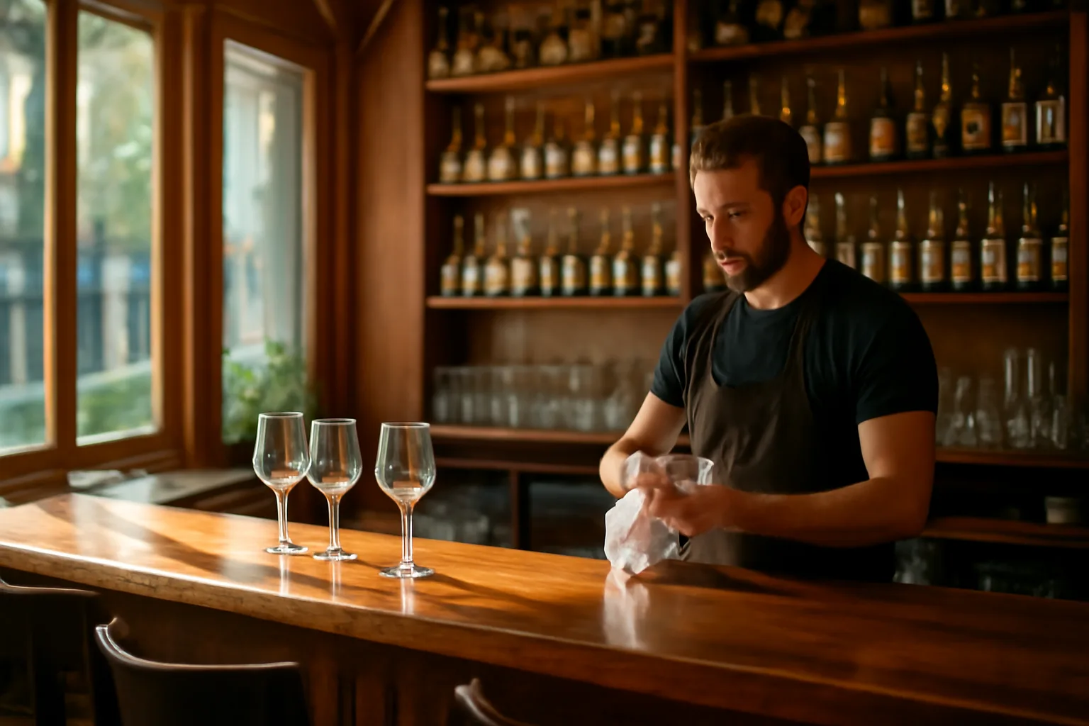 Bartender polishing glasses at a sunlit restaurant bar before opening