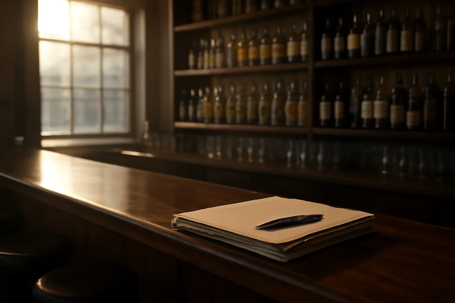 Empty restaurant bar at sunrise with paperwork folders on the counter, representing liquor license applications