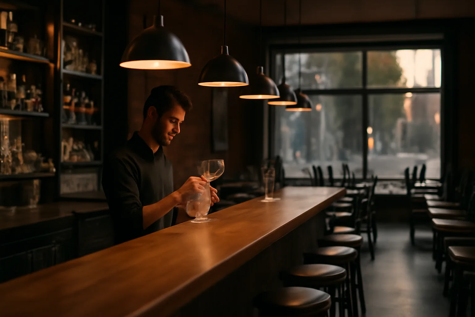 Bartender preparing an empty restaurant bar at dusk before opening under a California liquor permit