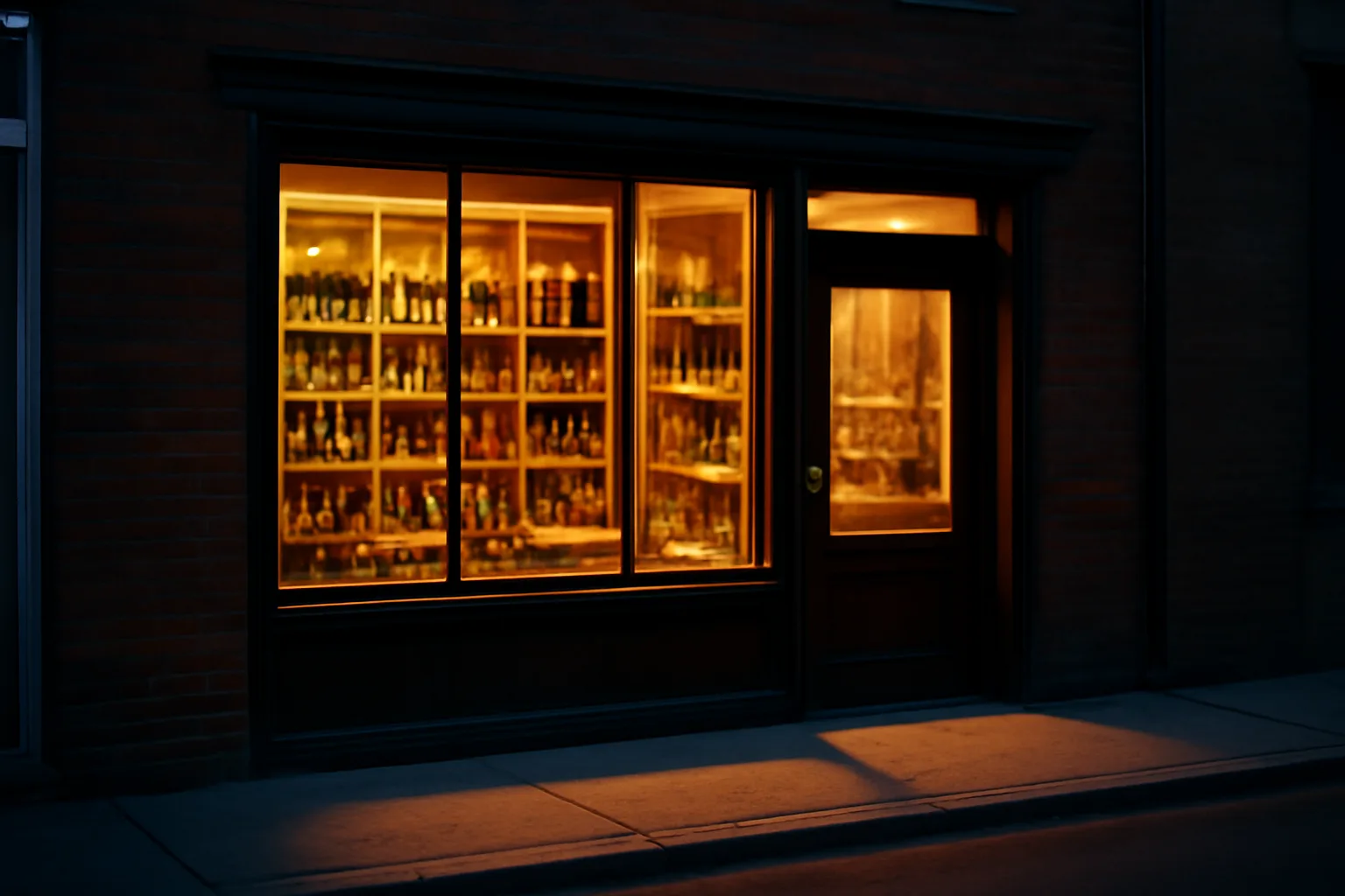 Liquor shop storefront lit at dusk with bottle shelves visible through the window