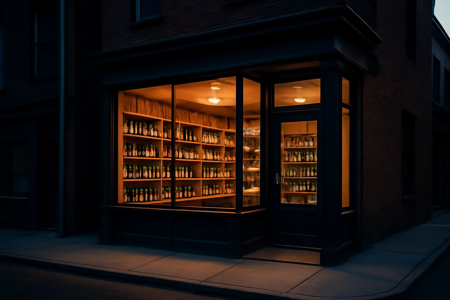 Independent liquor store storefront lit at dusk on a city street