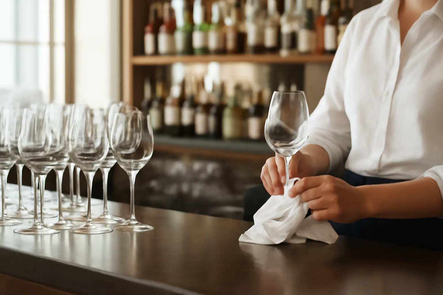 Bartender polishing glassware at a bar counter while researching a Louisiana alcohol permit